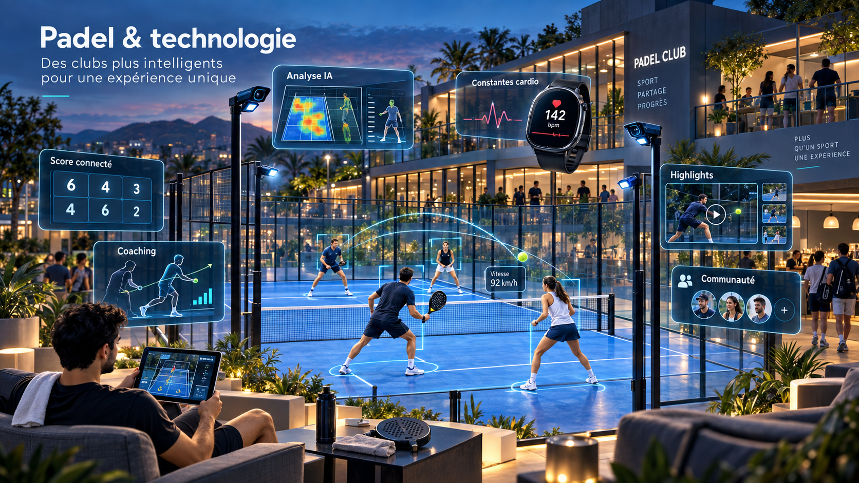 Generated illustration: four players on a padel court connected to scheduling, partner matching, match tracking and video interfaces.