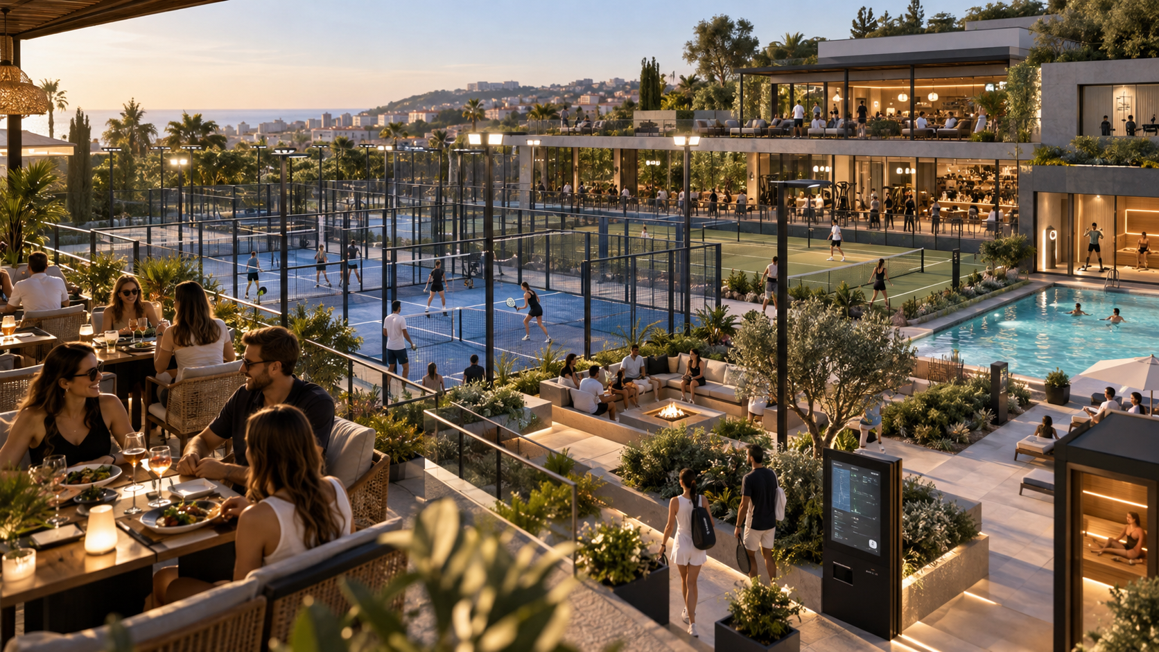 Generated illustration of a padel club with a court, café terrace, fitness area and management tablet.